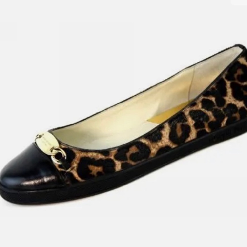 Michael Kors Lainey 6.5 M Brown/Black Leopard Ballet Flat Haircalf Cap Toe.